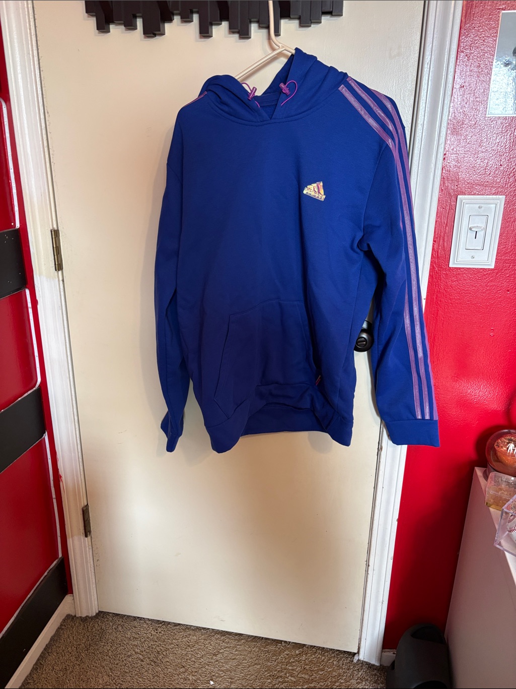 Adidas Blue Hooded Men's Sweater With Pink Stripe Details